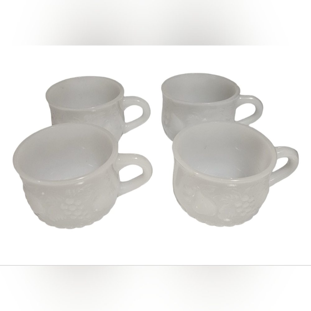 Vintage Set of 4 Milk Glass Punch Cups  Featuring Fruit Motif (Jeannette Glass)